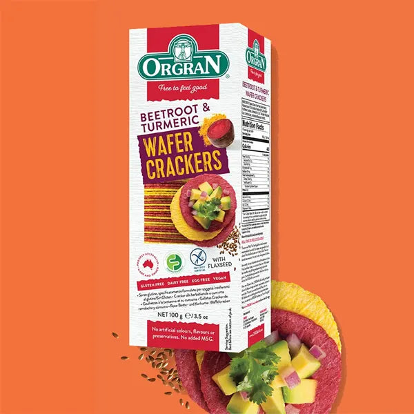 Orgran, Beetroot and Turmeric Wafer Crackers (DF/GF/V), 100g - Healthy Snacks NZ