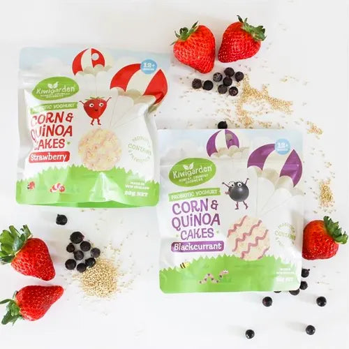 Kiwigarden, Yoghurt Corn & Quinoa Cakes, Strawberry/Blackcurrant (GF), 26g - Healthy Snacks NZ