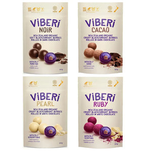 VIBERI, Organic Chocolate Rolled Blackcurrants, Assorted Flavours (GF), 90g - Healthy Snacks NZ