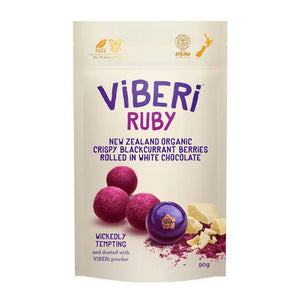 VIBERI, Organic Chocolate Rolled Blackcurrants, Ruby, 90g - Healthy Snacks NZ