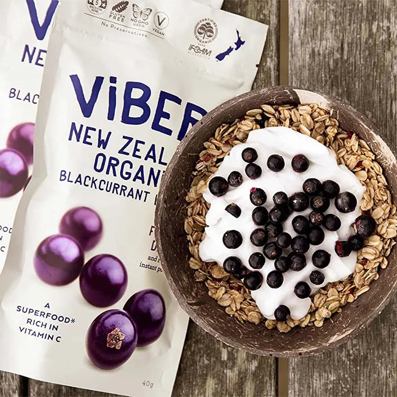 VIBERI Organic Freeze-Dried Blackcurrants (GF/DF/V), 40g - Healthy Snacks NZ