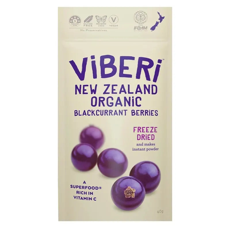 VIBERI Organic Freeze-Dried Blackcurrants (GF/DF/V), 40g - Healthy Snacks NZ