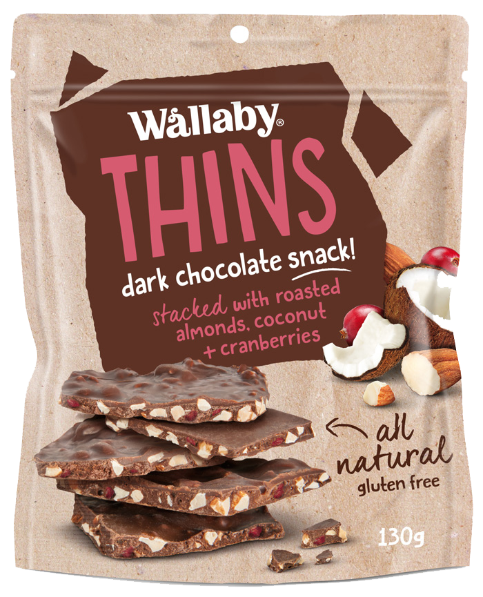 Wallaby, Almond Chocolate Thins with Coconut & Cranberries(GF), 130g - Healthy Snacks NZ