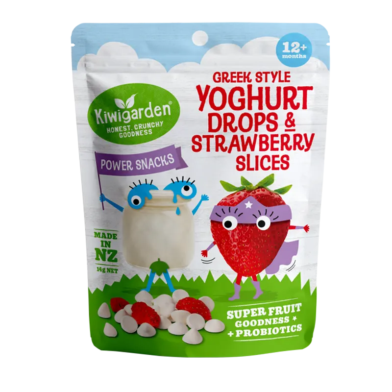 Kiwigarden, Greek-Style Yoghurt & Strawberries. Freeze-dried snack. Easy, convenient, nutritious, toddler & kids snack.